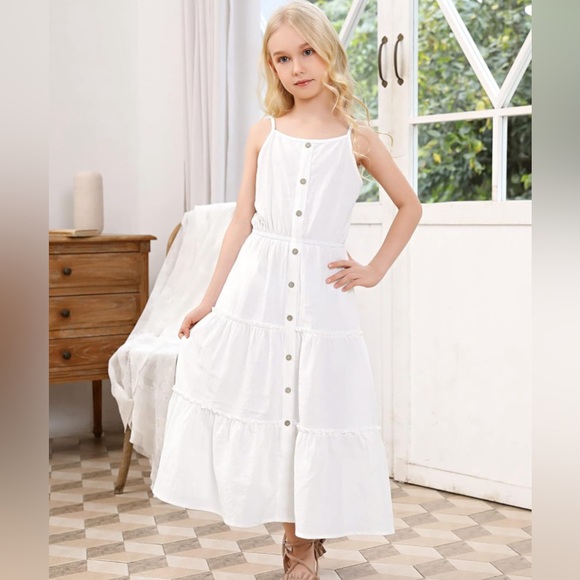 Girls 9y-10y White Spaghetti Strap Tiered Dress Casual A-line Flowy With Pockets - Picture 2 of 3